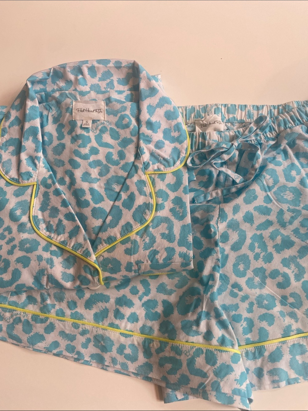 BedHead Turquoise Leopard-Print Womens S shortie Pajama Set with Neon green trim